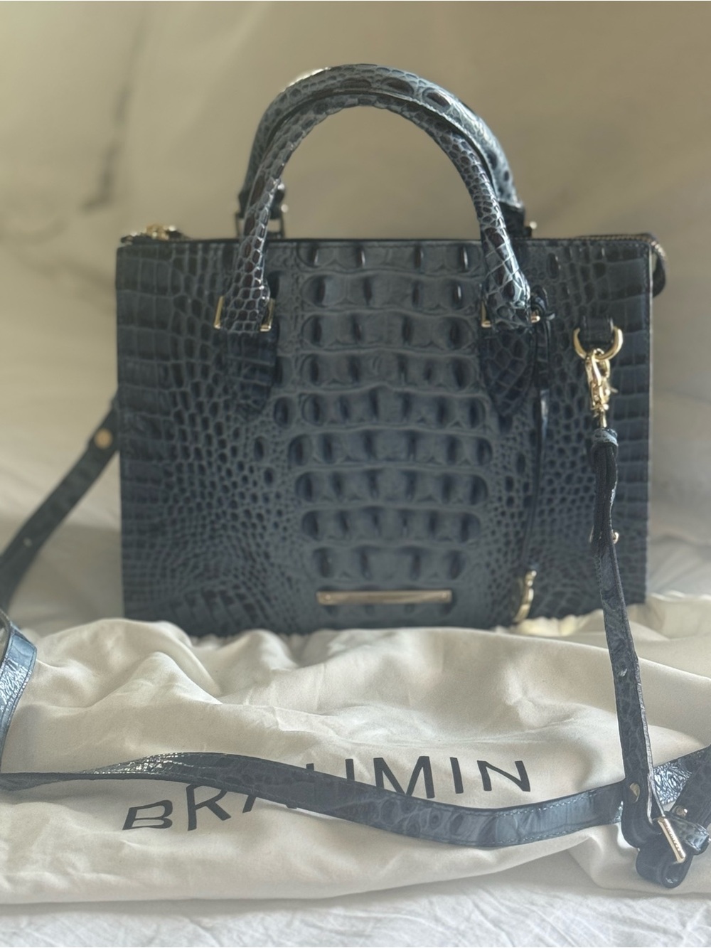 Brahmin Blue Croc-Embossed Satchel with Gold Hardware